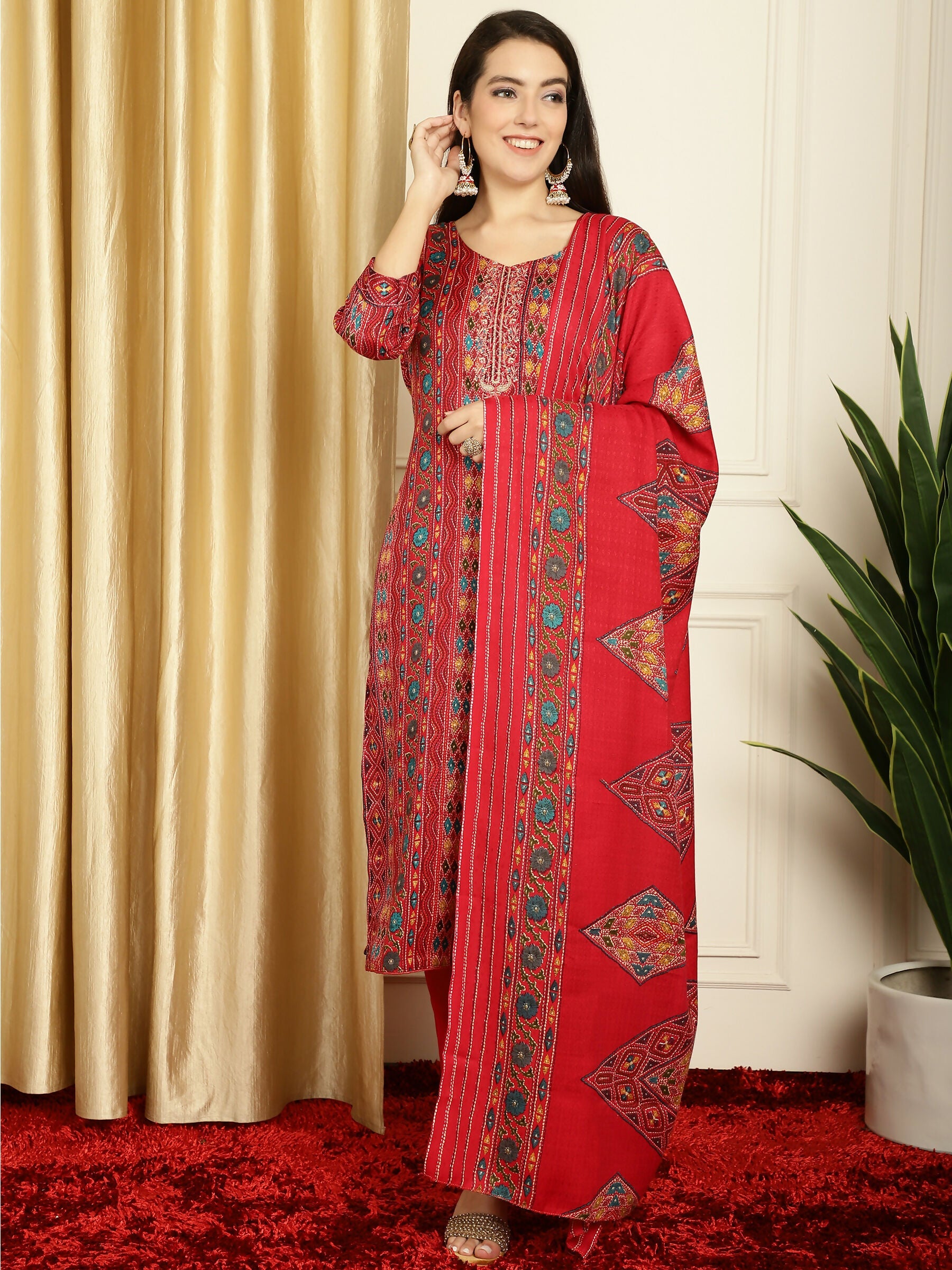 Jyoti Fashion Women's Red Pashmina Floral Digital Printed Kurta with Trouser & Dupatta