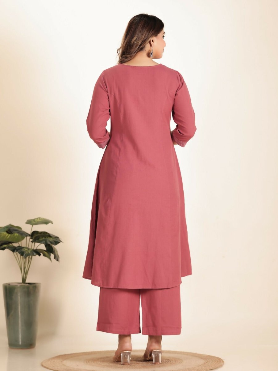 Aramya Pink Linen Cotton Solid Print A-line Kurta Set for Women