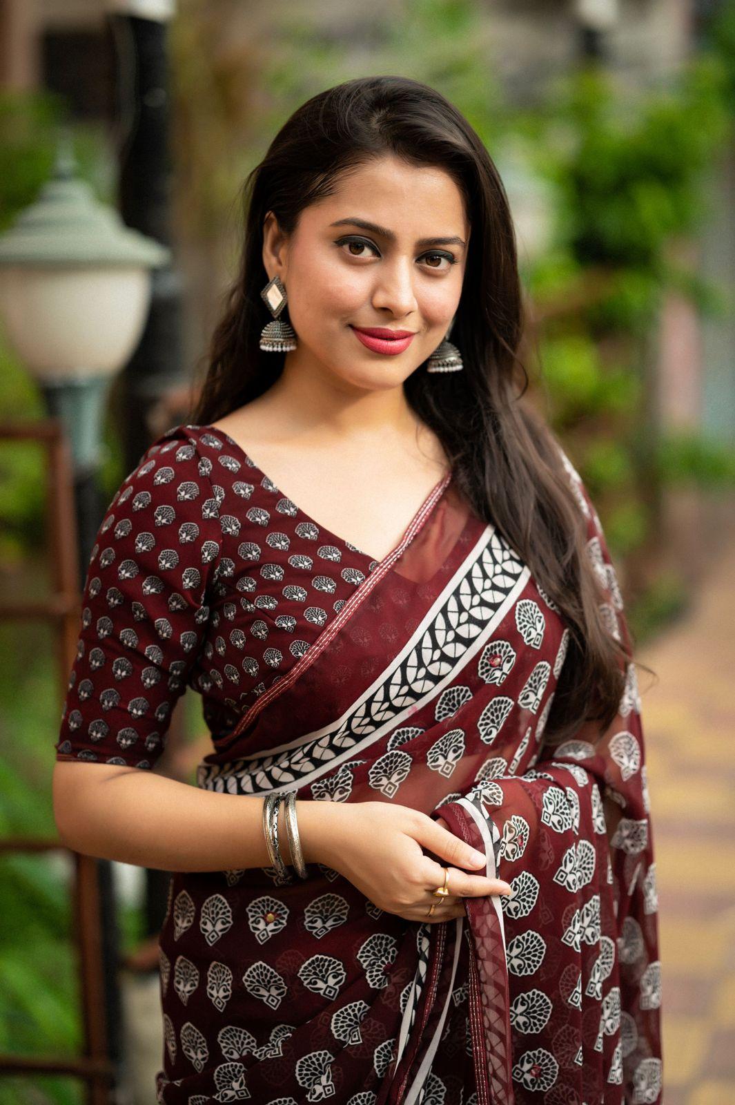 Maroon Poly Georgette Ajrak Saree with Unstitched Blouse - Hiral Fashion