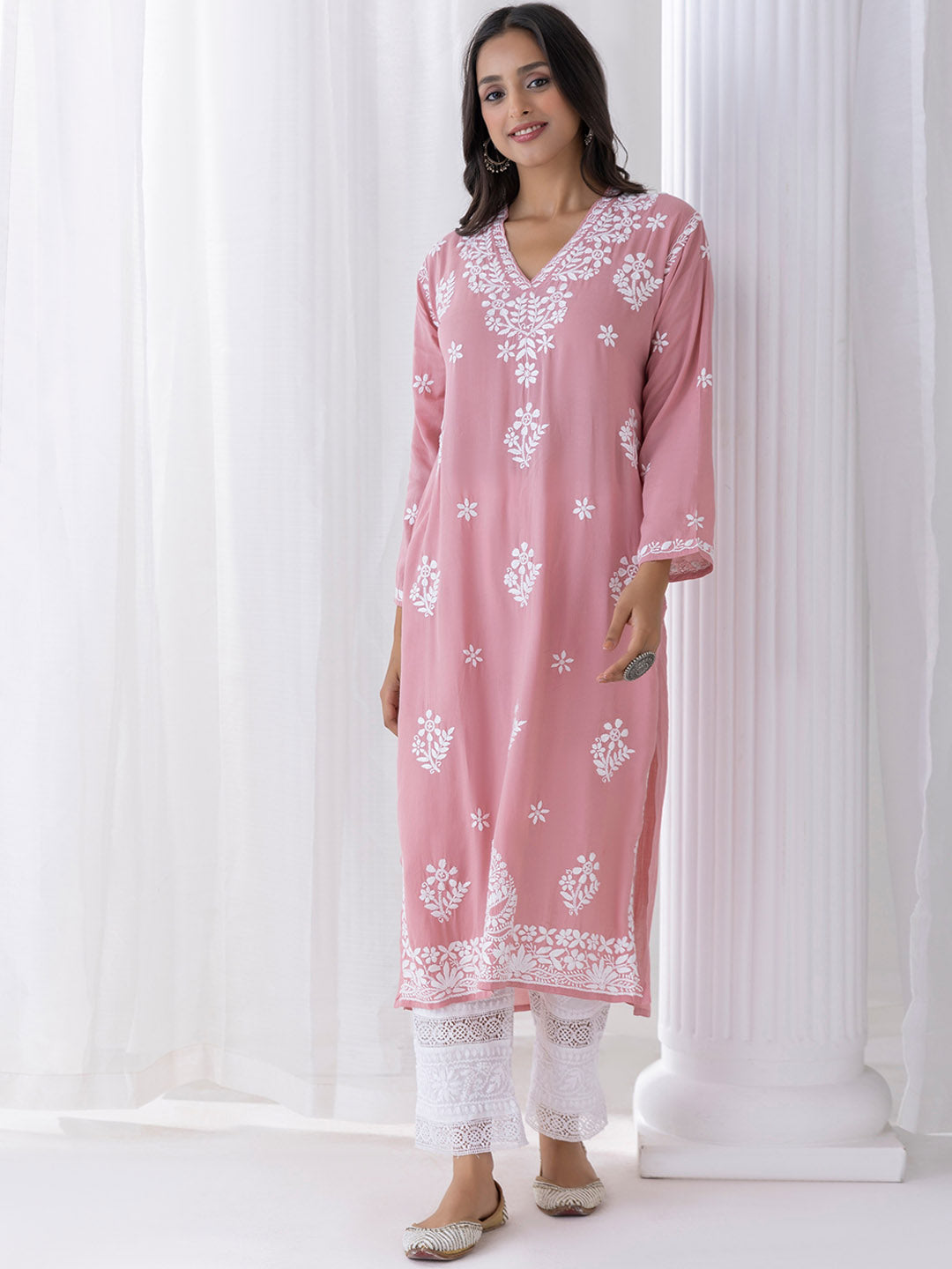 HOUSE OF KARI Floral Embroidered Fizaa Chikankari Pure Cotton Straight Kurta