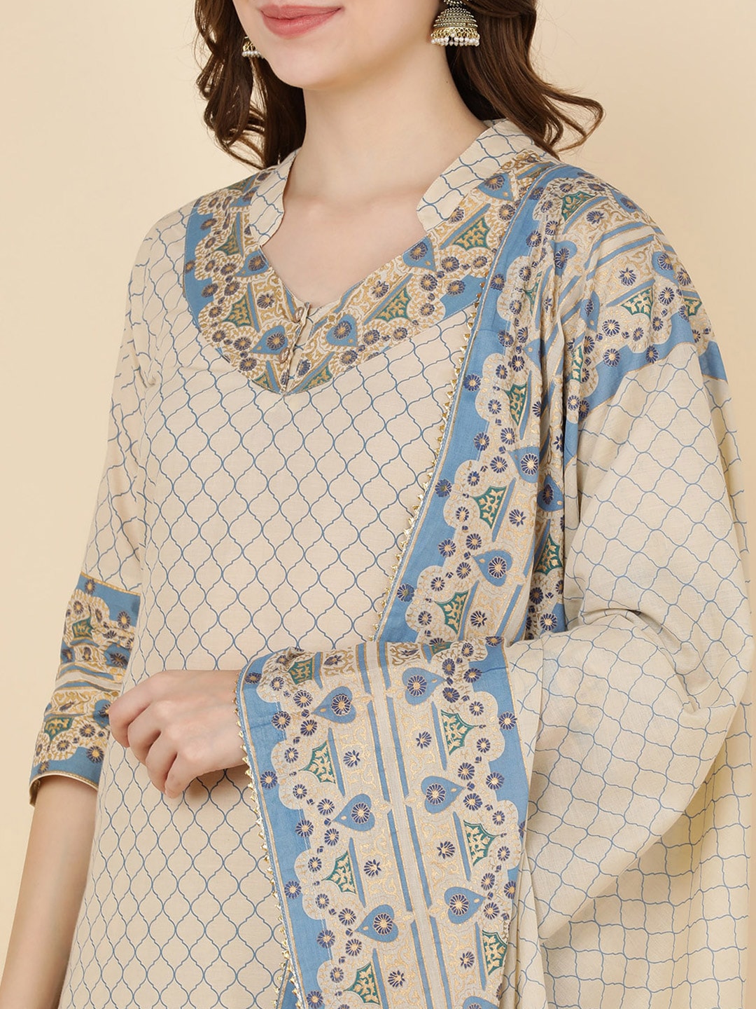HERE&NOW Women Beige Floral Printed Pure Cotton Kurta with Trousers & With Dupatta