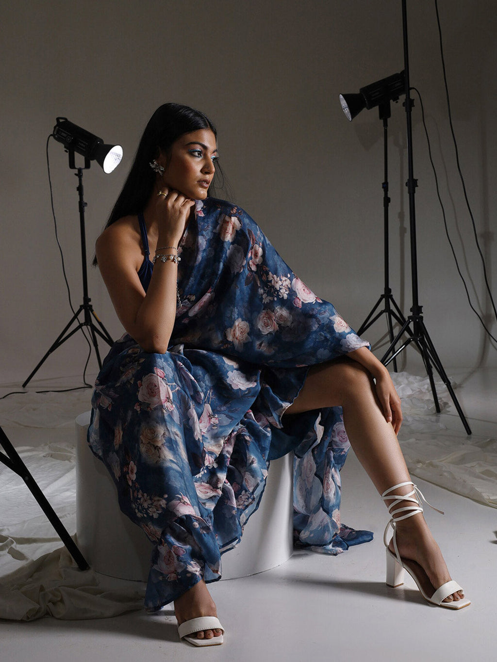 Tikhi Imli Blue Floral Printed Satin Ruffles Saree