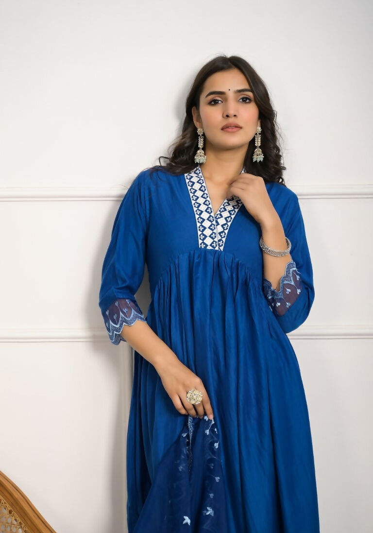 Festive Wear Ethnic Blue Silk wih cotton inner Stitched Suit With Dupatta - Tanisha