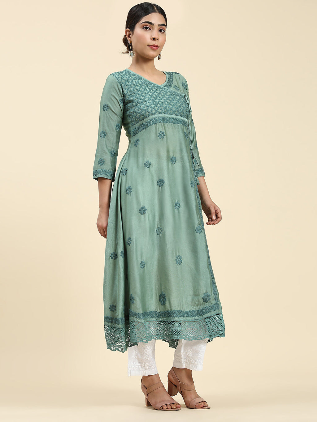 HOUSE OF KARI Embroidered Chikankari Chanderi Silk Anarkali Kurta