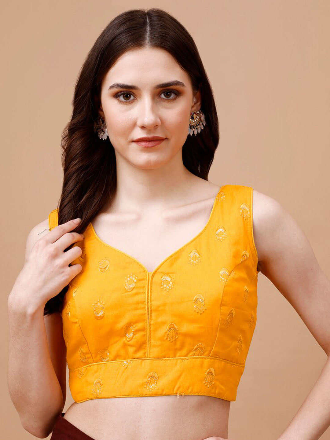 Tikhi Imli Ethnic Motifs Embroidered Sequinned Sleeveless Dupion Saree Blouse