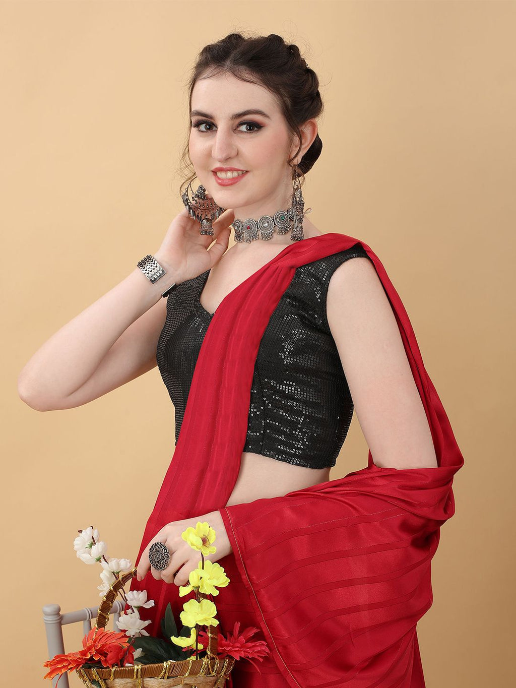 kasee Red & Black Striped Poly Georgette Saree
