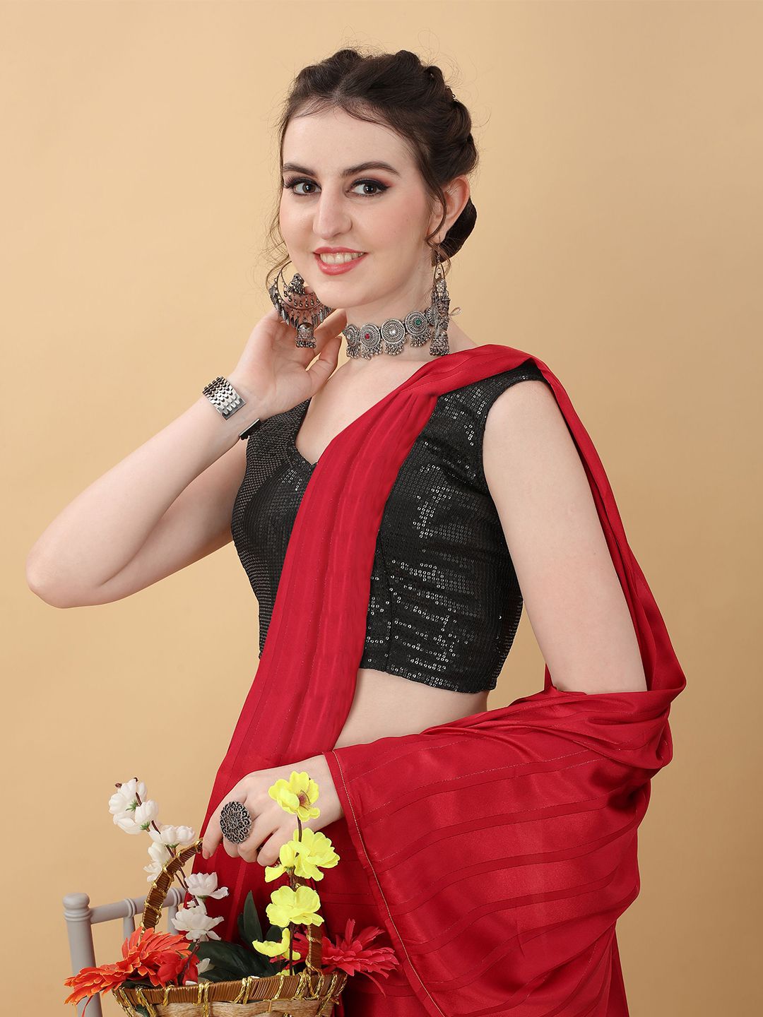 kasee Red & Black Striped Poly Georgette Saree
