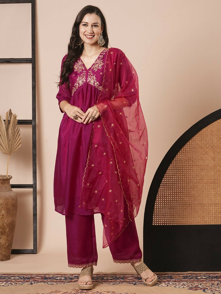 Pink Vichitra Silk Embroidery Work Kurta Set - Riya