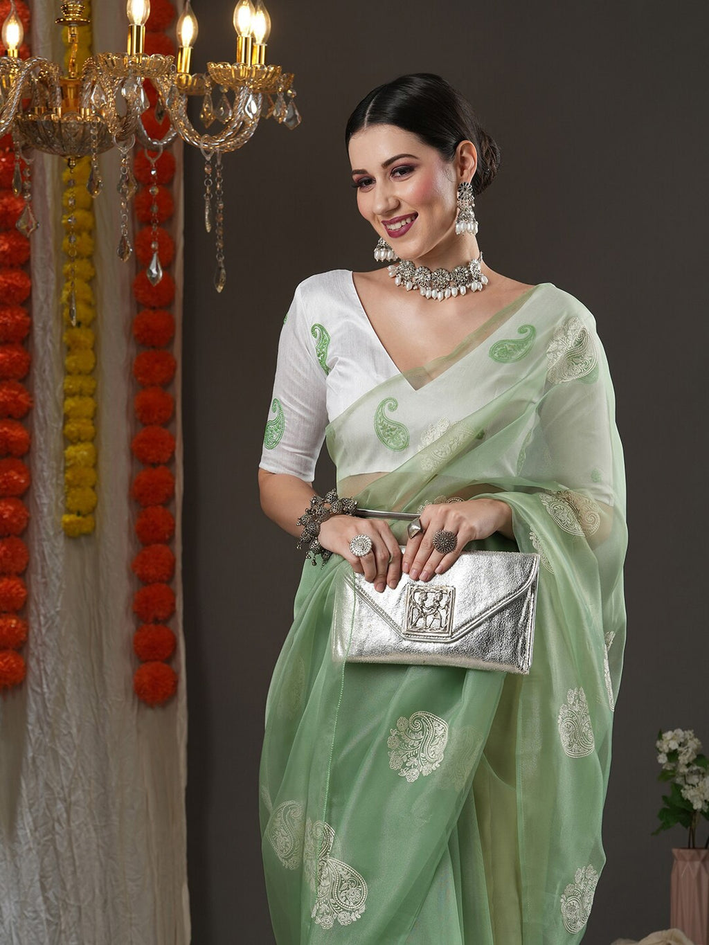 Saree Mall Olive Green & White Paisley Embroidered Organza Banarasi Sarees