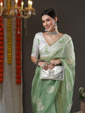 Saree Mall Olive Green & White Paisley Embroidered Organza Banarasi Sarees
