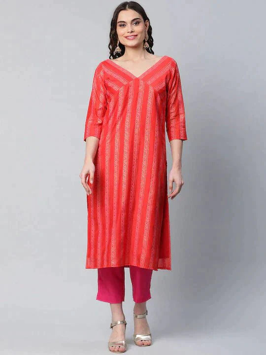 Ahalyaa Women Red Striped Kurta with Trousers