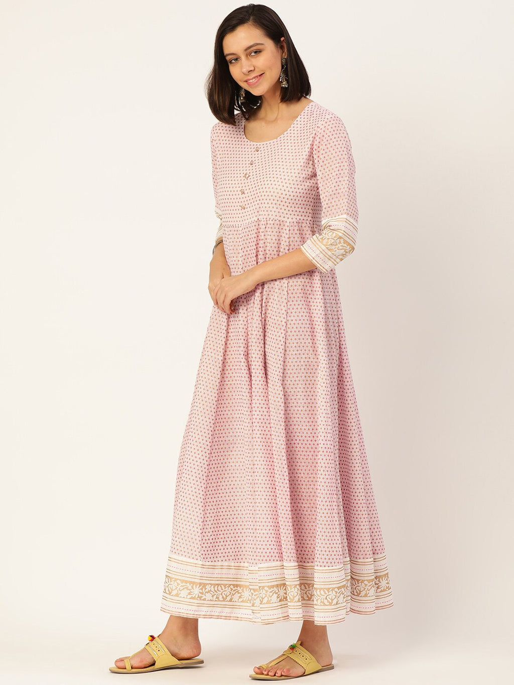 HERE&NOW Printed Anarkali Cotton Kurta With Dupatta