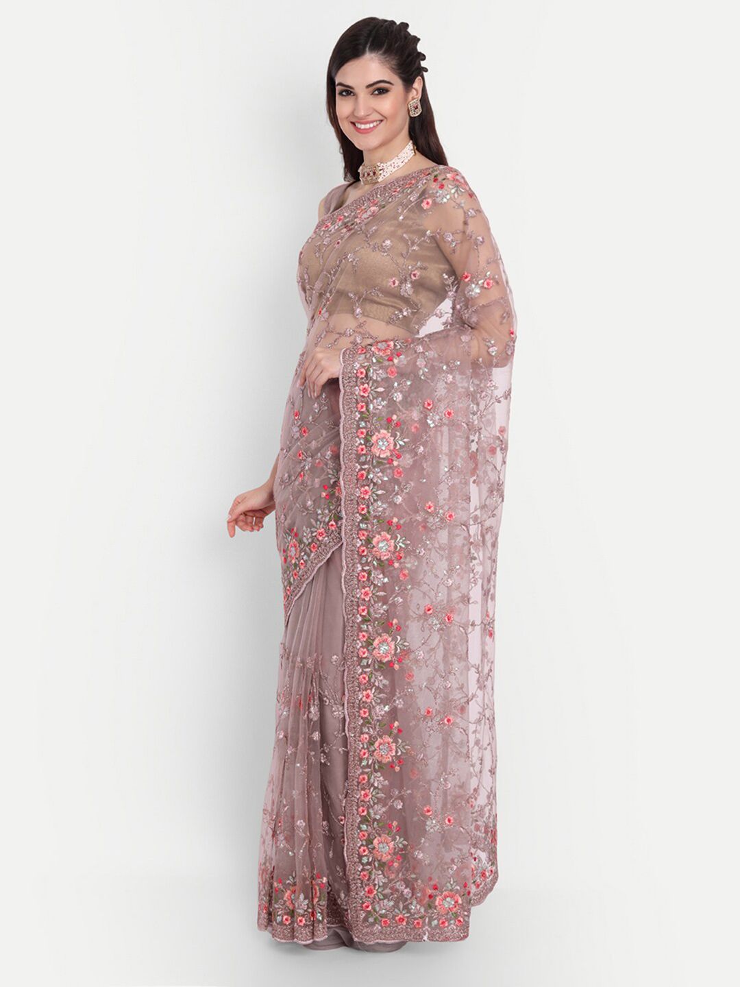 kasee Floral Sequinned Net Saree