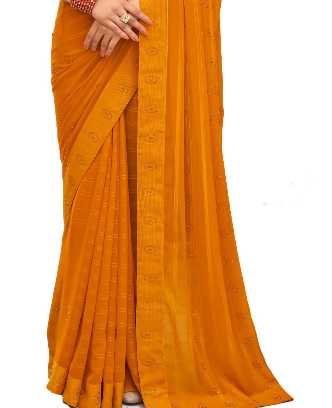 Mustard Georgette Swaroski Work Saree With Unstitched Blouse Piece - Juhi