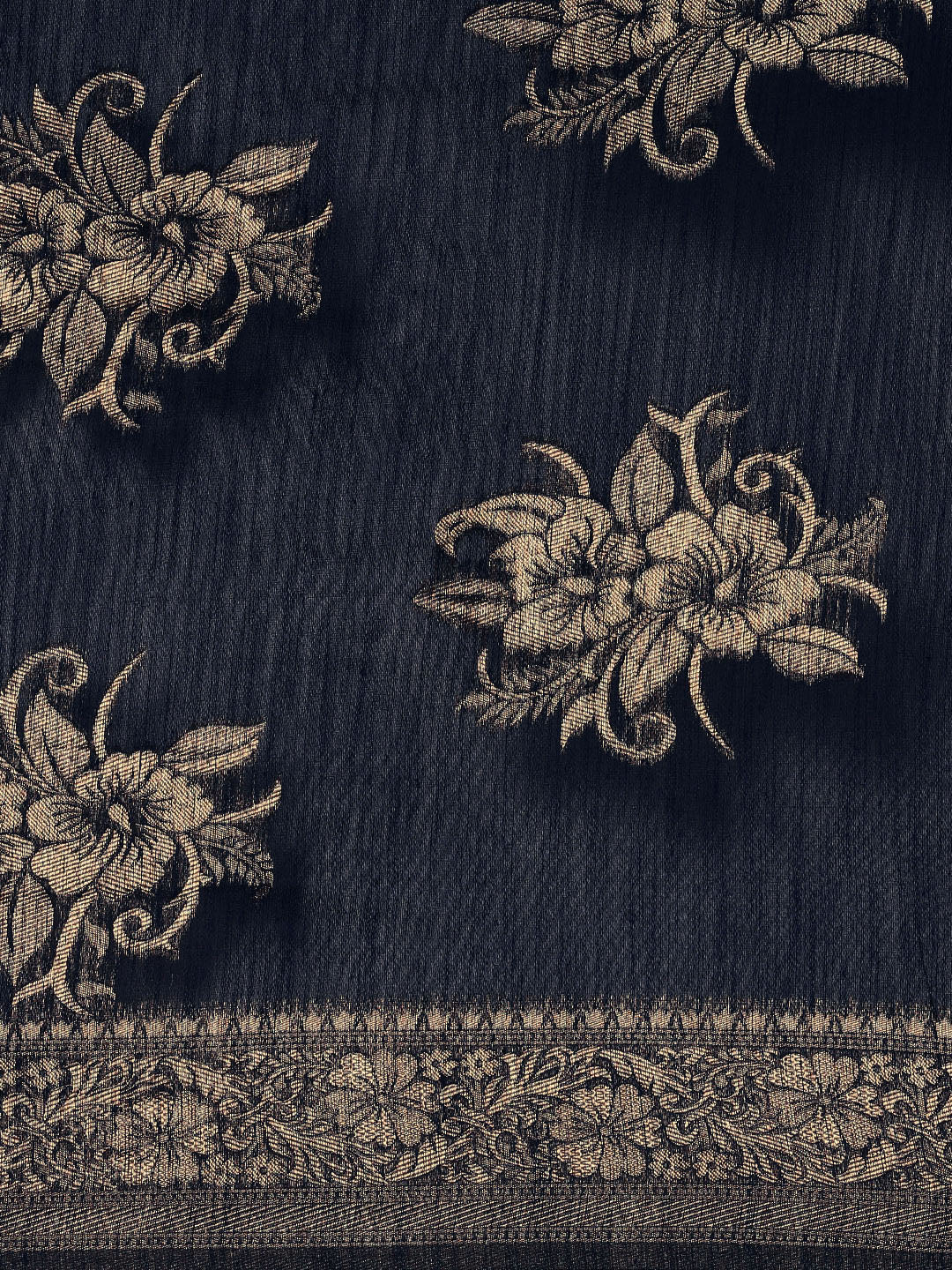 Saree Mall Navy Blue Floral Linen Blend Banarasi Saree