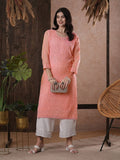 ADA Women Peach-Coloured Chikankari Hand Embroidered Straight Kota Handloom Kurta With Matching Slip