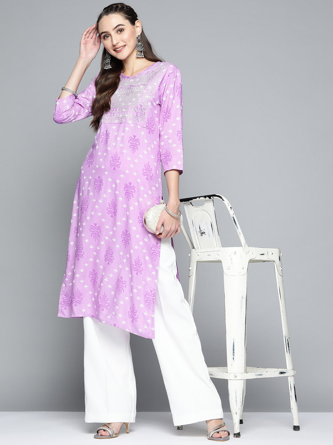 HERE&NOW Women Purple & White Ethnic Motifs Printed Embroidered Work Kurta