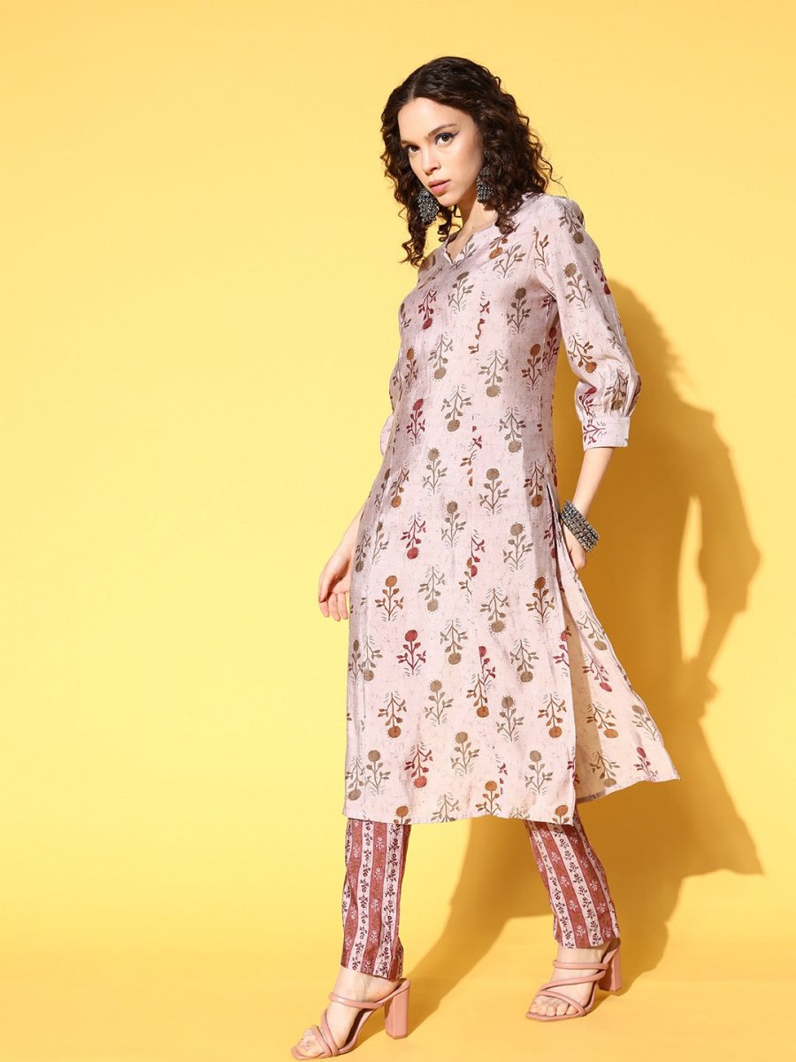 All About You Women Amusing Taupe Ethnic Motifs Print Parade Kurta with Trousers