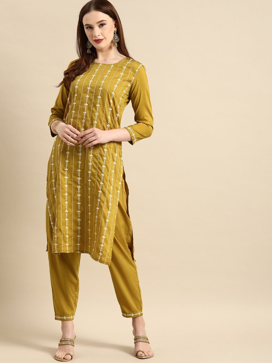 All About You Women Mustard Yellow Floral Embroidered Thread Work Kurta with Trousers