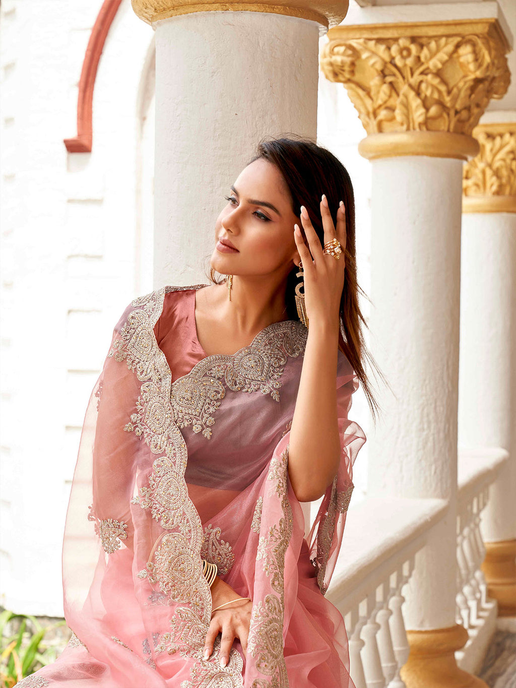 Tikhi Imli Floral Beads and Stones Organza Heavy Work Saree