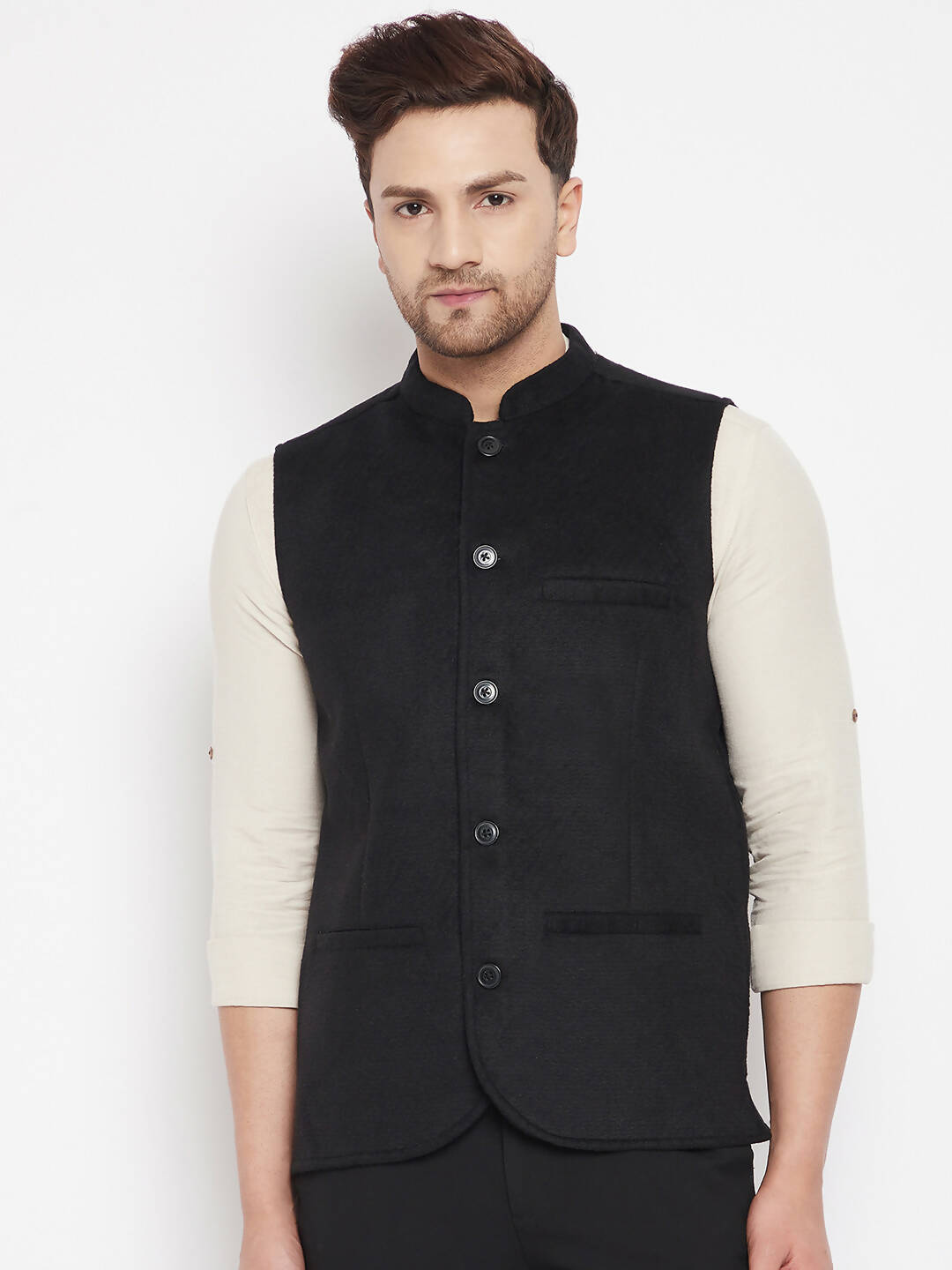 Even Apparels Black Wool Men Woven Nehru Jacket