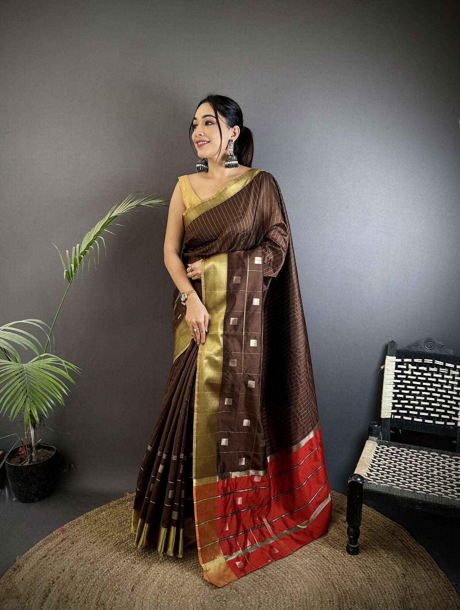 Joban Fashion Chocolate Brown Bhagalpuri Cotton Silk Stripes/Box Saree