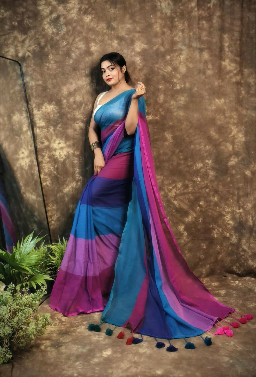 Exclusive Collection Beautiful Multi Pure Cotton Woven Handloom Saree With Running Blouse Piece