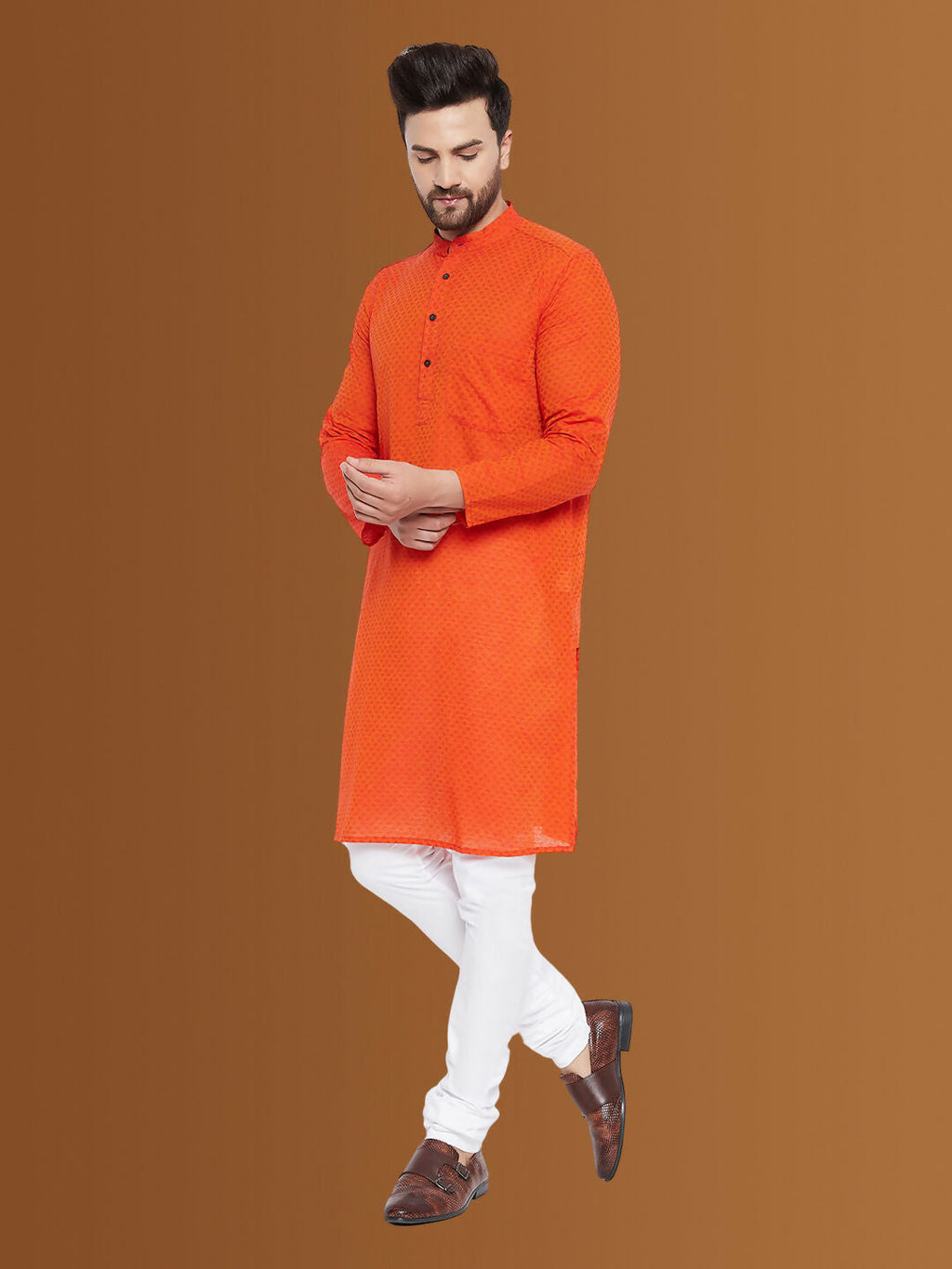 Even Apparels Men's Pure Cotton Orange Striped Kurta