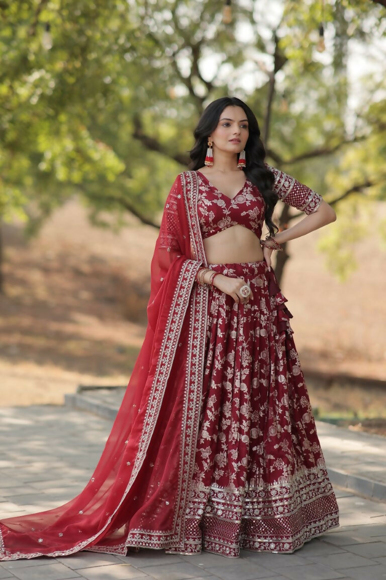 Vastranavya Designer Dyeable Pure Viscose Jacquard Fabric Lehenga Choli & Dupatta Set - Maroon