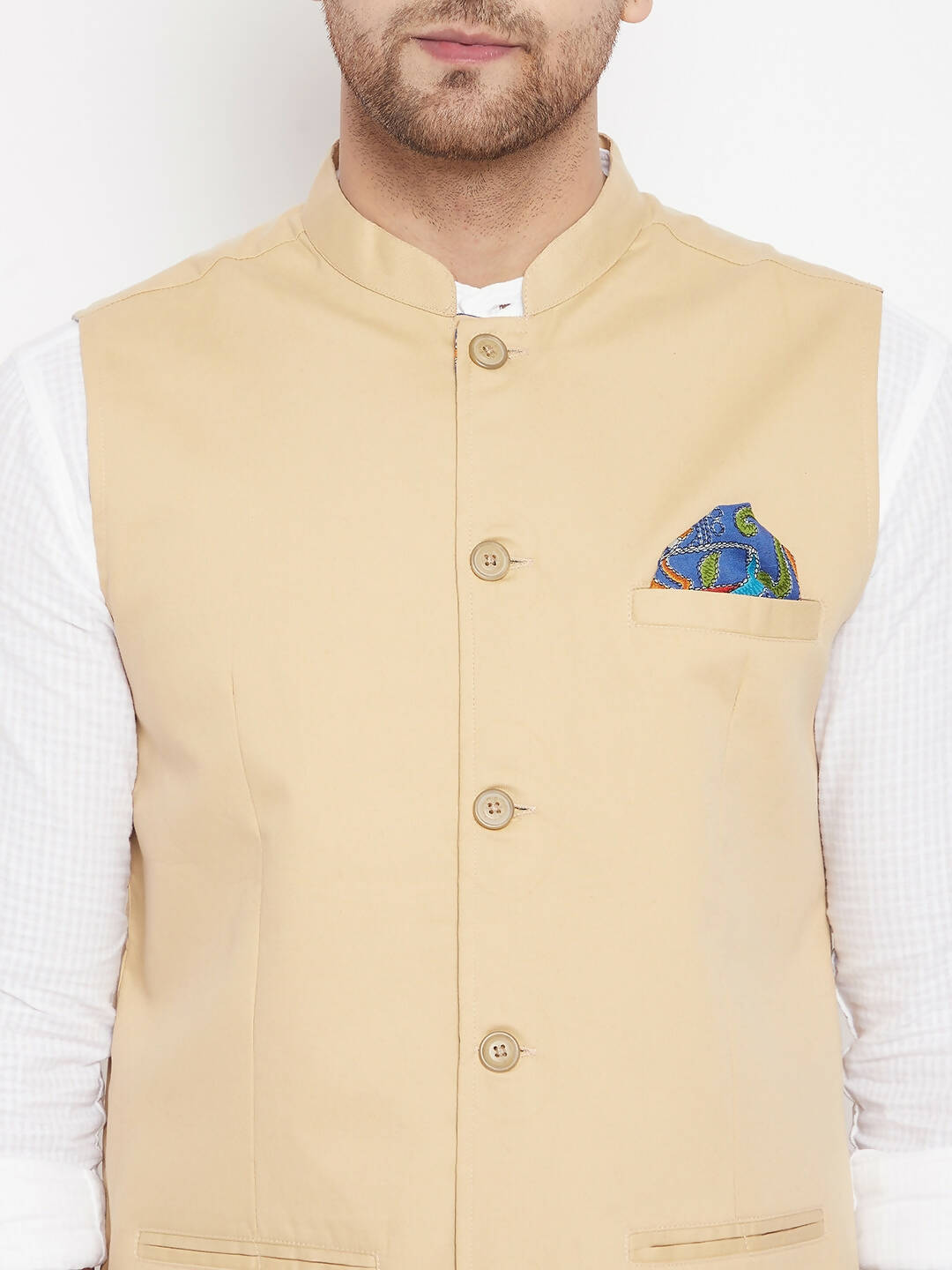 Even Apparels Beige Polyester Men's Nehru Jacket-Contrast Lining-Inbuilt Pocket Square