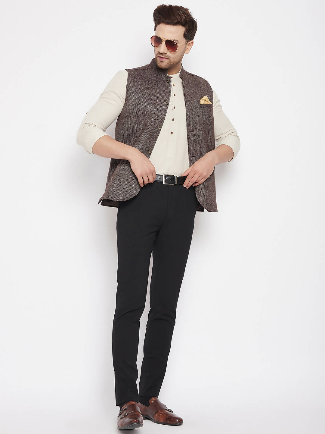 Even Apparels Brown Wool Men Woven Nehru Jacket