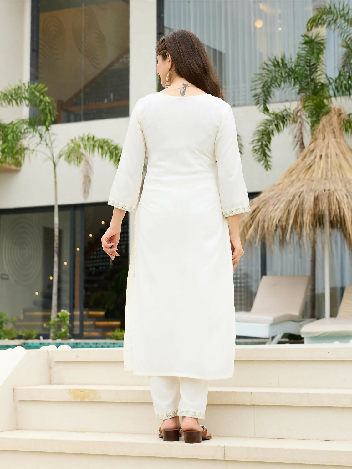 The52 White Women's Beautiful Rayon Slub Fabric Embroidered Work Straight Kurta, Pant and Dupatta Set