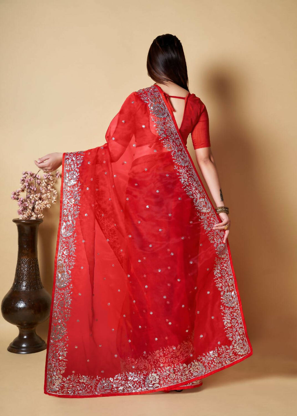 Vamsee Red Organza Saree
