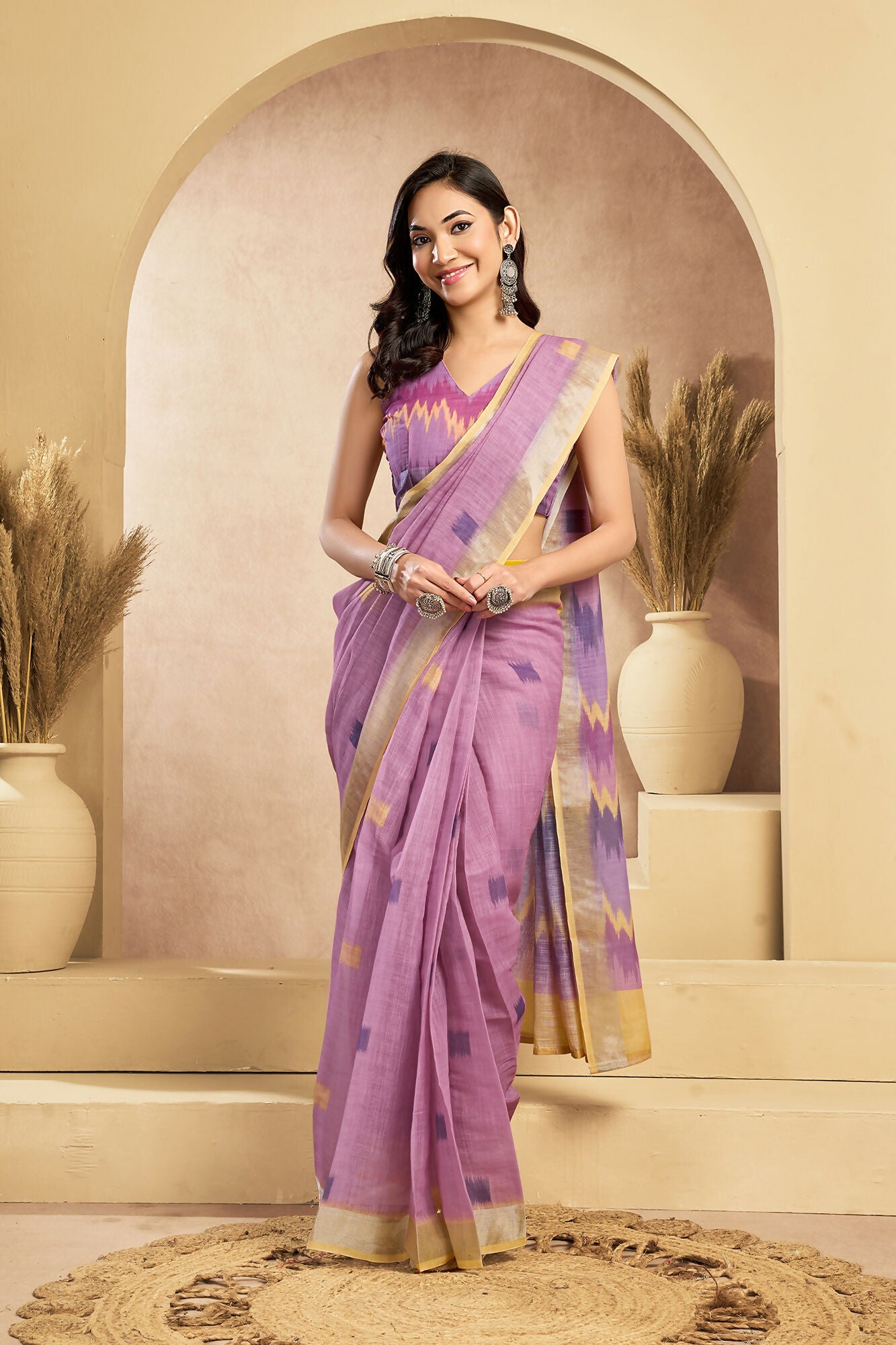 Vastranavya Onion Pink Digital Printed Linen Ready To Wear Pocket Saree with Unstitched Blouse