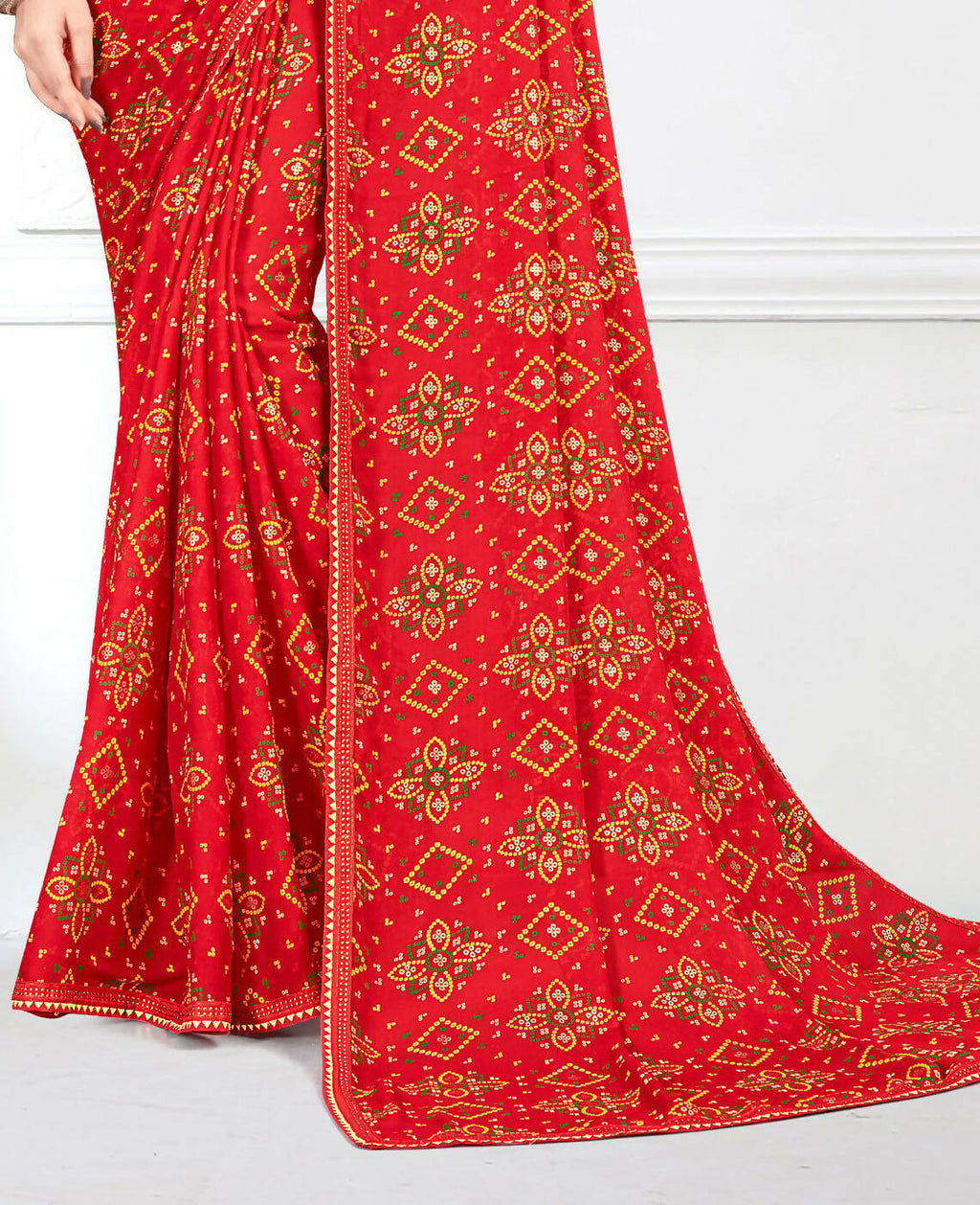 Red Georgette Bandhani Printed Saree With Unstitched Blouse Piece - Jyoti