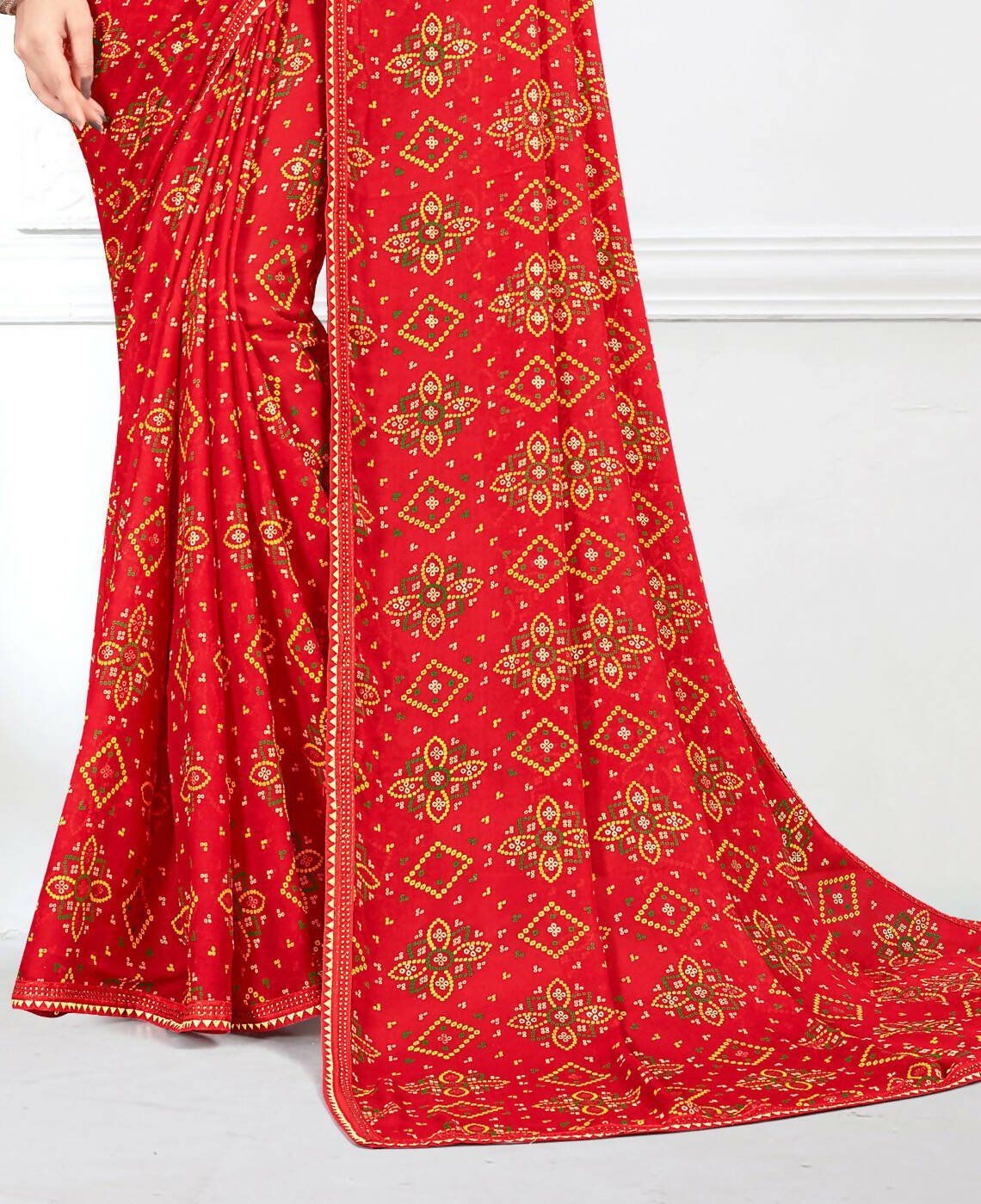 Red Georgette Bandhani Printed Saree With Unstitched Blouse Piece - Jyoti