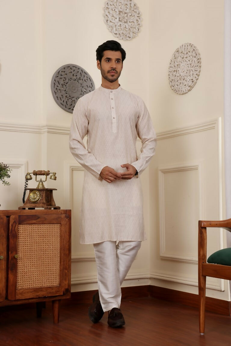 White Modal Silk Woven Designer Men's Rajwadi Kurta Set - Mahotsav