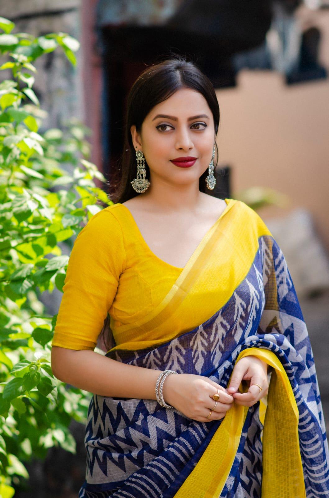 Blue Polycotton Ethnic Motifs Saree with Unstitched Blouse - A2M