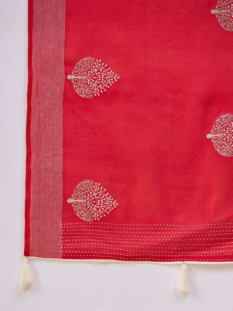 Red Cotton Blend Thread Embroidered Saree with Unstitched Blouse - Satya