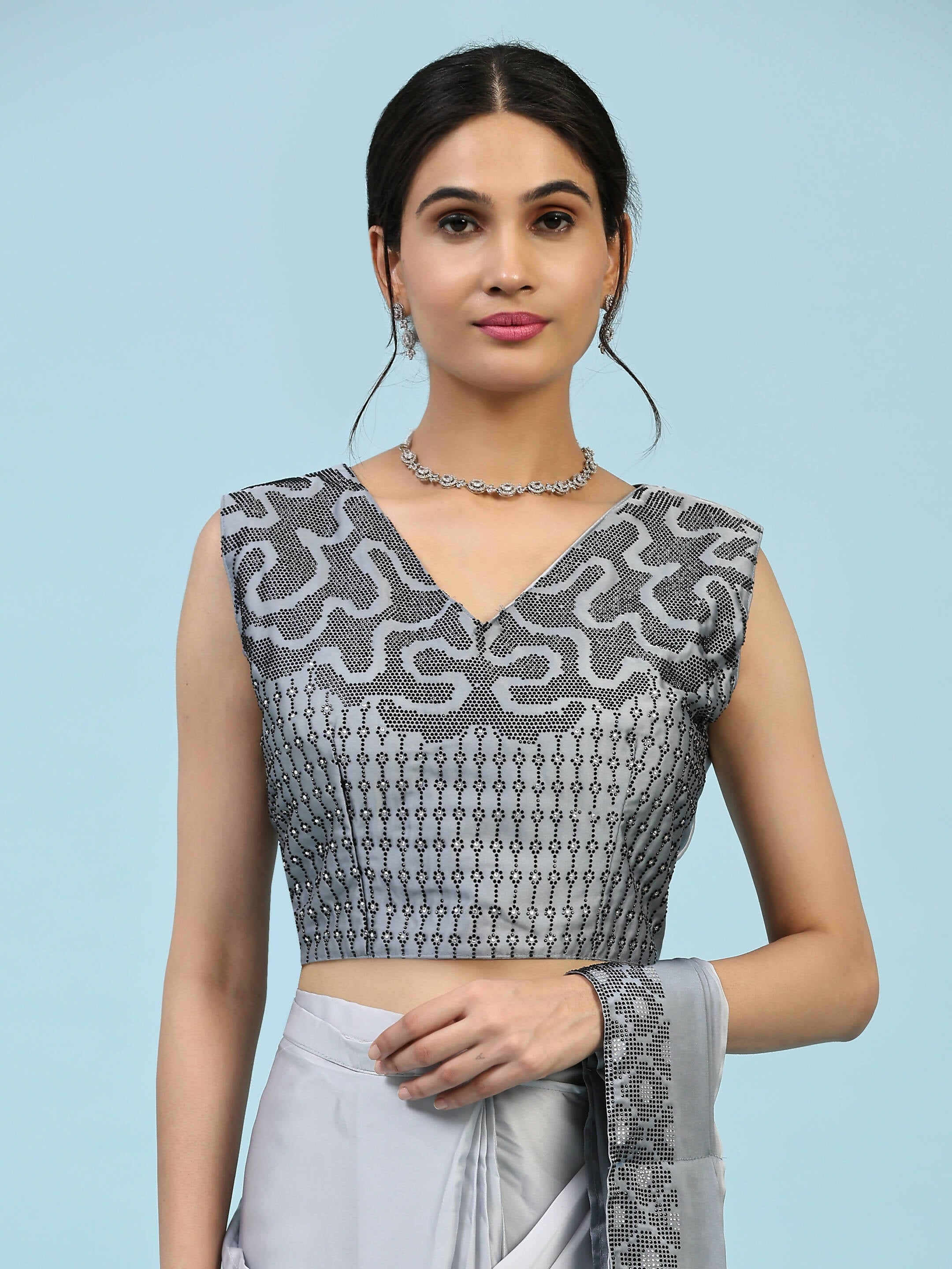 Grey Ombre Satin Georgette Plain Ready to wear Saree with stitched Blouse - Vrinda