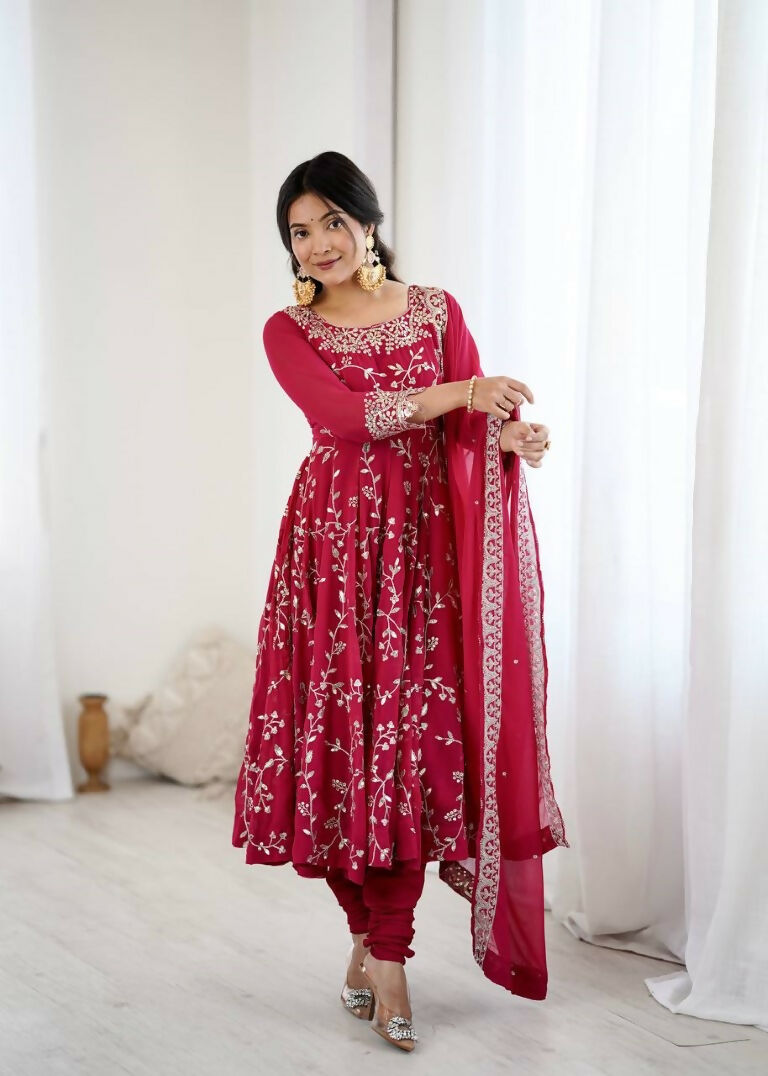 Teeya Creation Red Color Heavy Faux Georgette Embroidery Work Gown