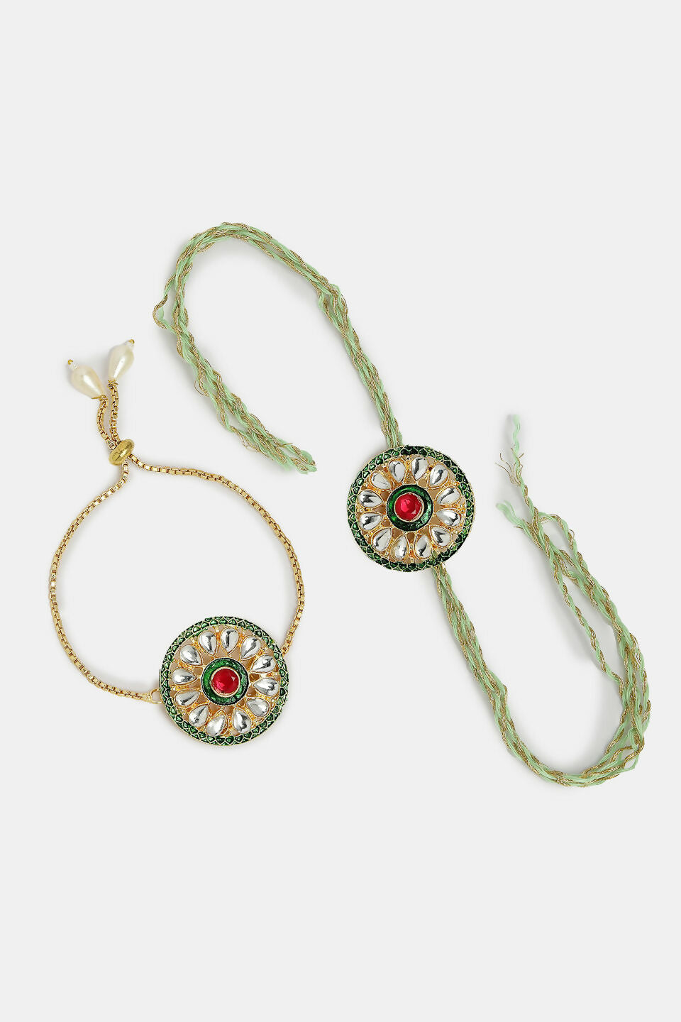 NVR Women & Men Set of 2 Gold Kundan-Studded Handcrafted Wraparound Rakhi Set With Roli Chawal & Chocolate