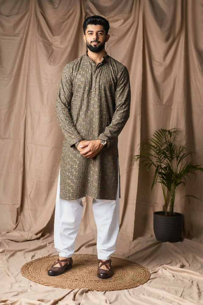 Mehandi Green Rayon Thread Embroidery Work Kurta Set - Mahotsav