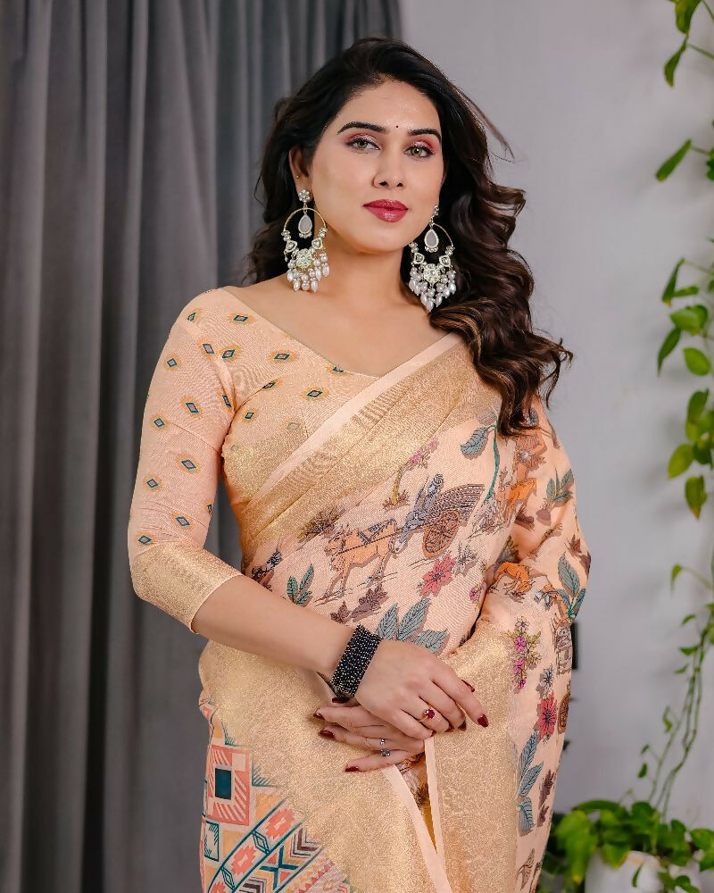 PR Fashion Cream Pure Handloom Linen Saree