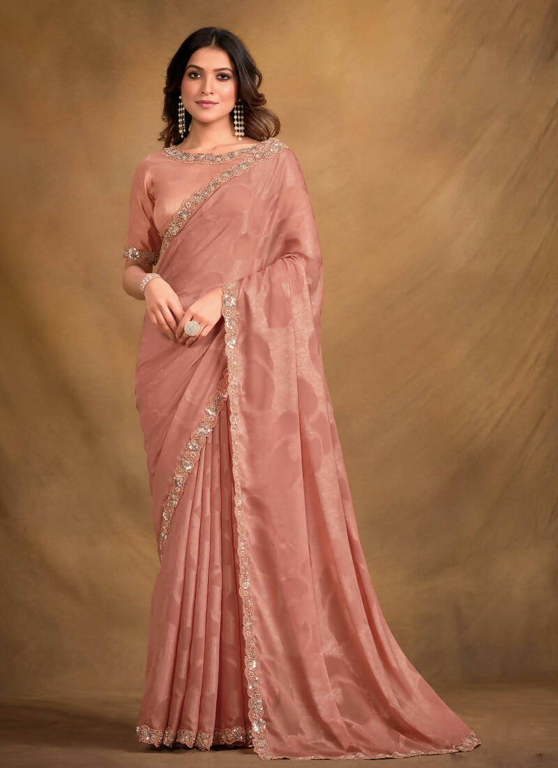 Peach Self Jacquard Georgette Designer Saree with Unstitched Blouse - Norita Mahitha