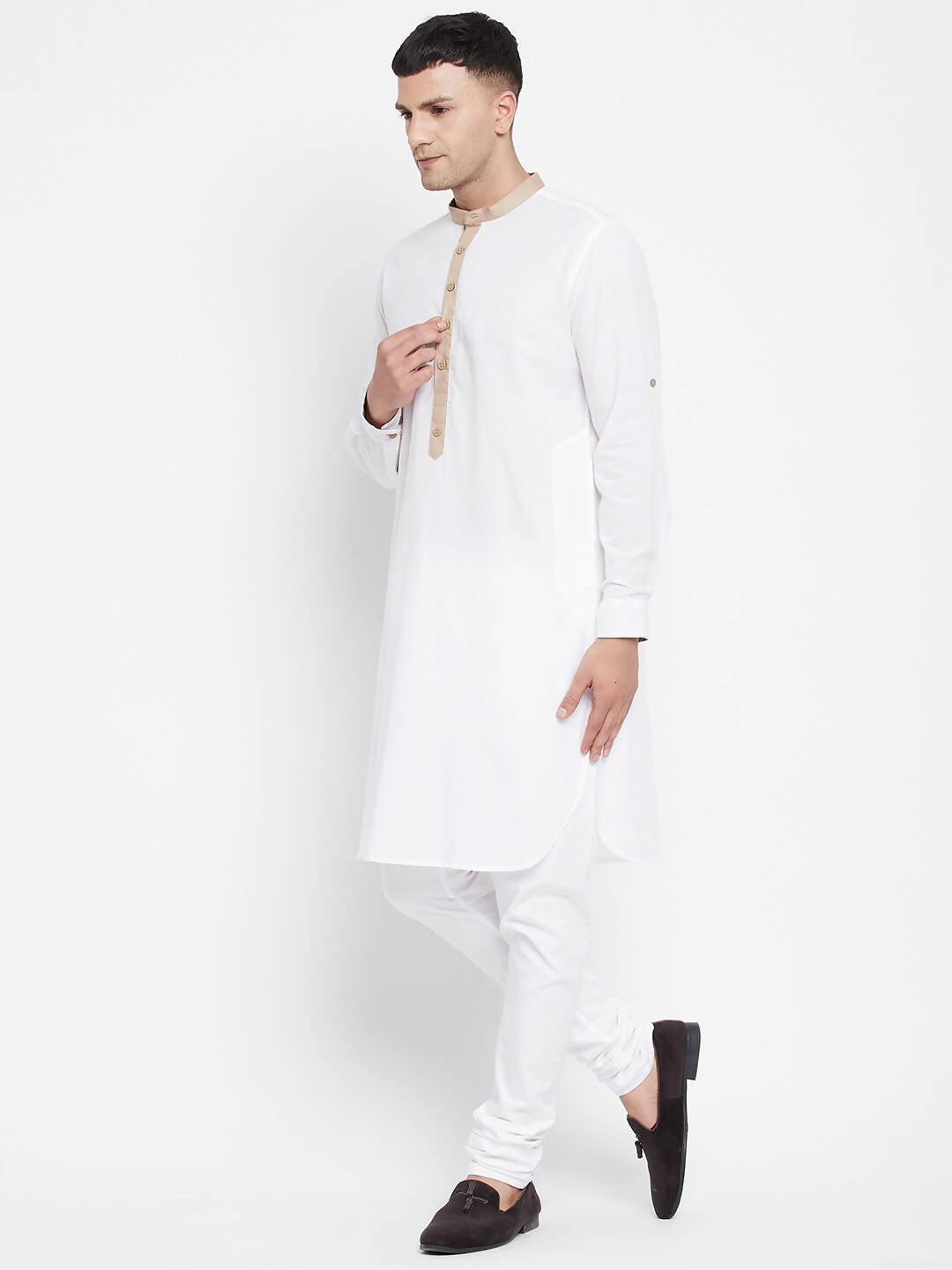 Even Apparels Beige Color Pure Cotton Men's Kurta With Band Collar
