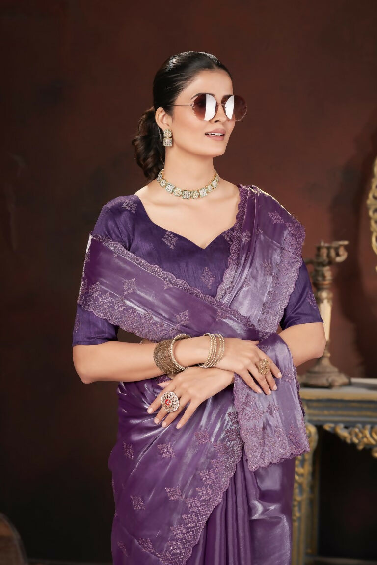 Vastranavya Lavender Jimmy Choo Silk 3mm Sequence work with Cross Stitch Embroidery work & Cutwork Border Saree
