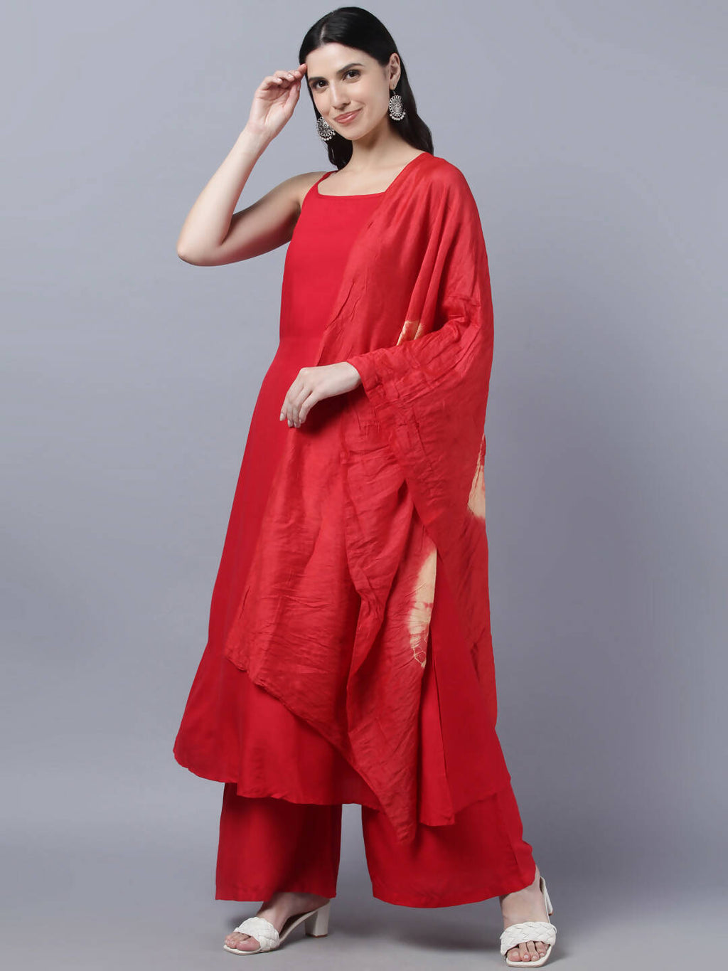 Myshka Women Red High Slit Kurta with Palazzos With Dupatta