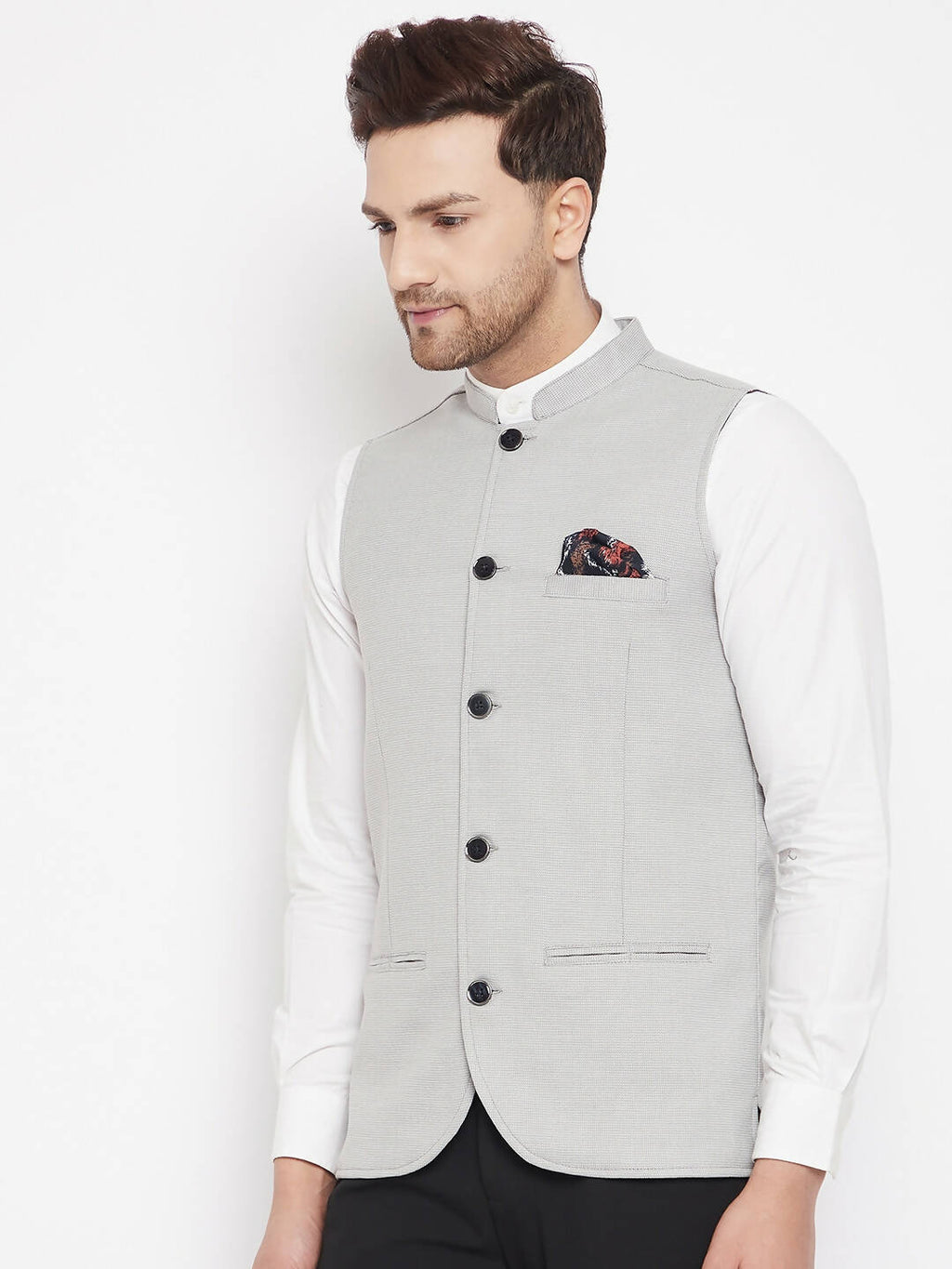 Even Apparels Grey Merino Men's Nehru Jacket-Contrast Lining-Free Pocket Square