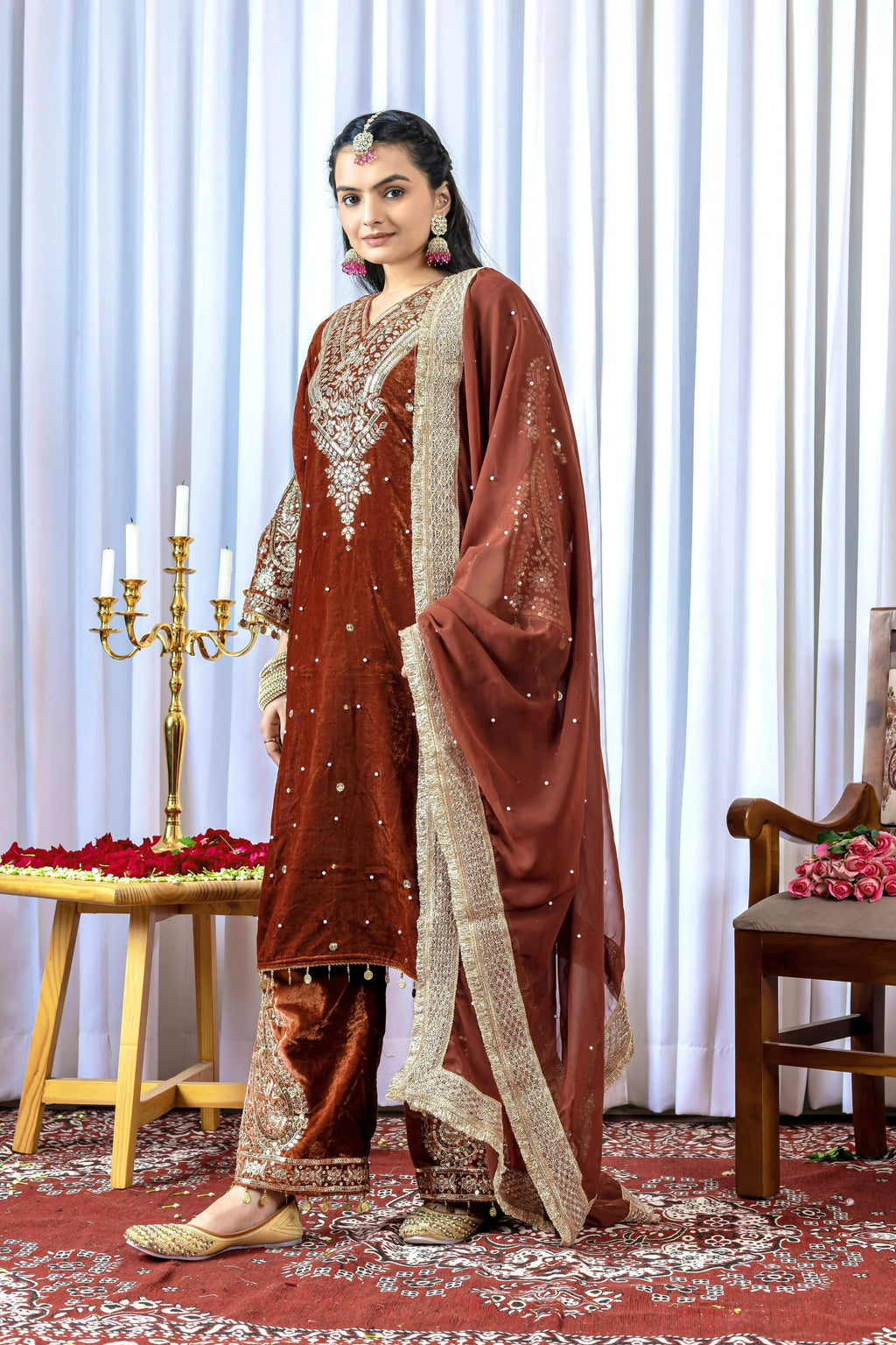 Joban Fashion Rust Brown Velvet Embroidery Kurta Set